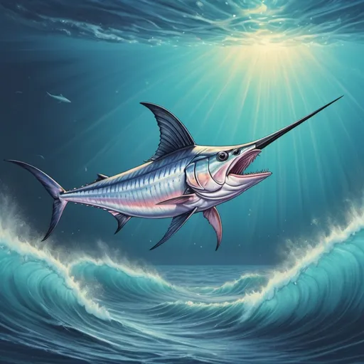 Prompt: swordfish leaping through a alien ocean, in pastel drawing art style, background ocean