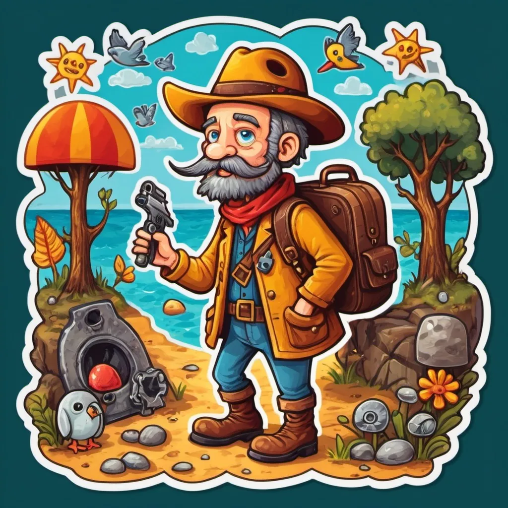 Prompt: Plucky Treasure Hunter in sticker naive art style