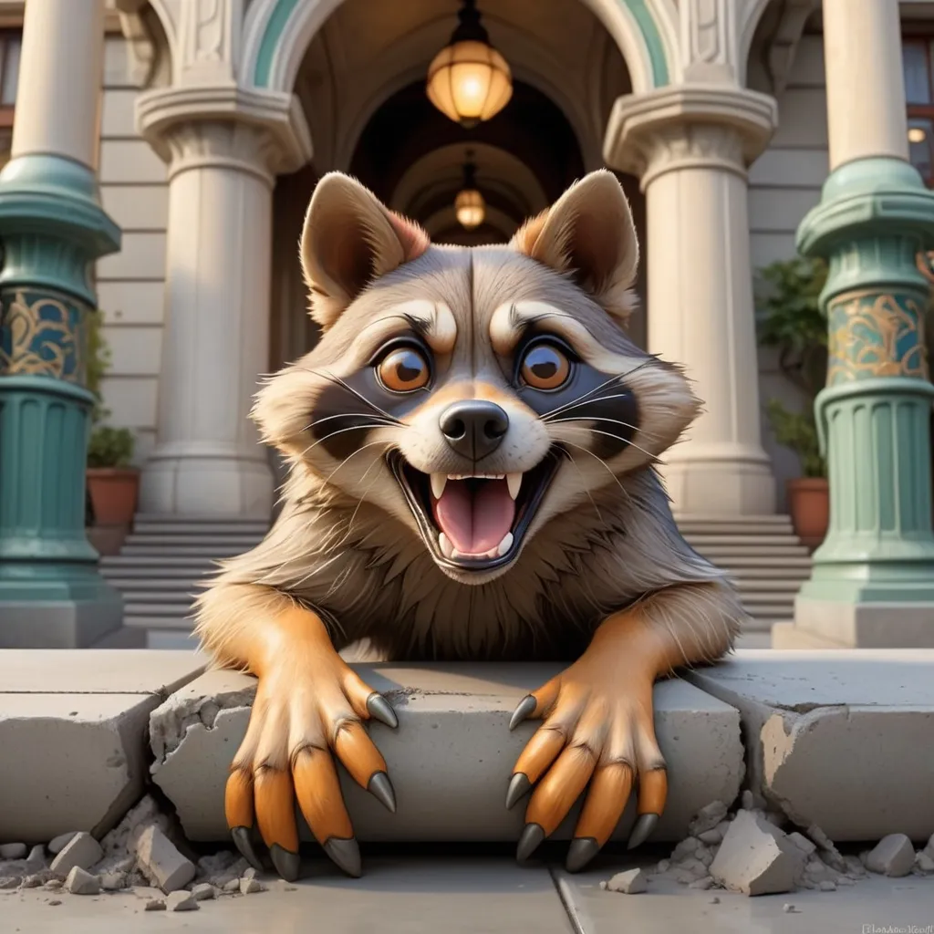 Prompt: Raccon Dog claws dug into the concrete as it causes a earthquake, in art nouveau art style, masterpiece, best quality, background cityscape