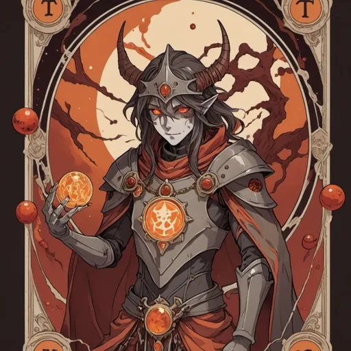 Prompt: tarot card Anime illustration, Ash Spawn with brown and red-orange palette