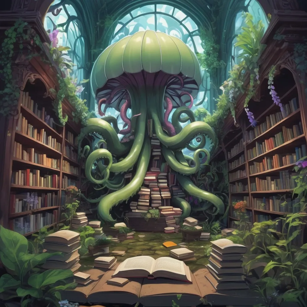 Prompt: A garden with eerie plants and floating books and surrounded by infinite tentacle walls, in digimon art style