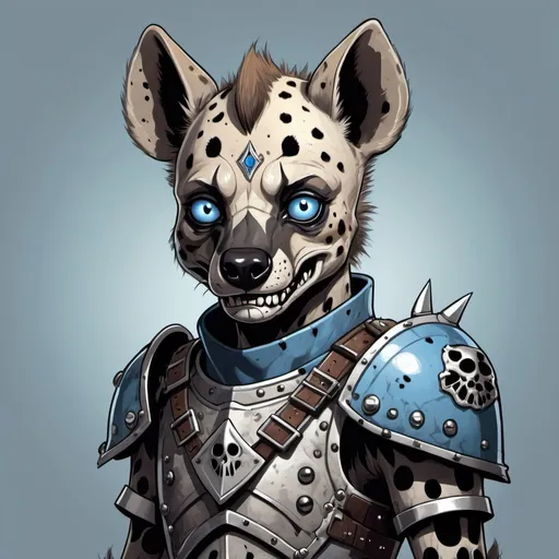 Prompt: Hyena of brown fur with black spots with patches of skelly showing through and clad in recruit armor of silver and blue, in horror cartoon art style