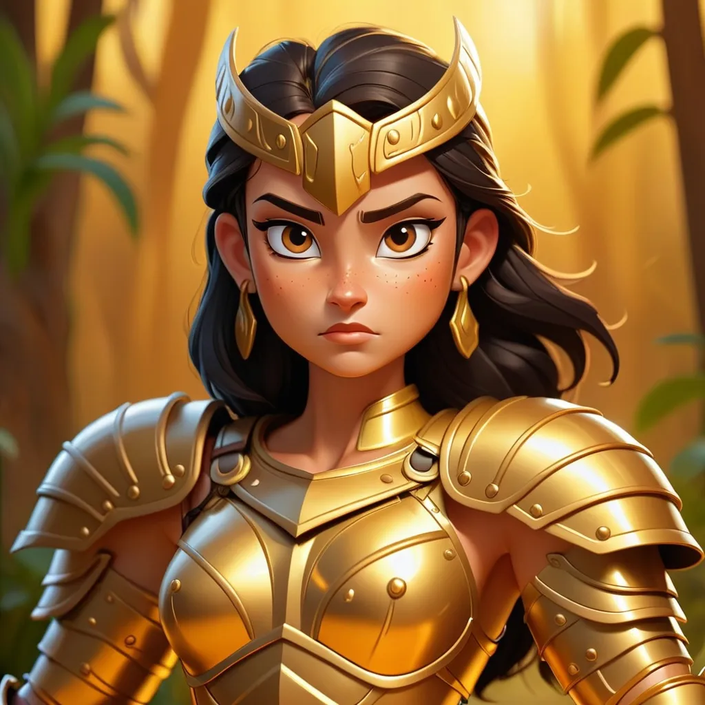 Prompt: Amazon Warrior in golden armor, in cartoon art style