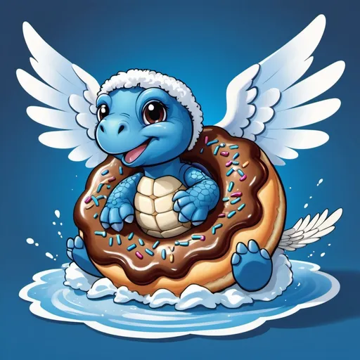 Prompt: A vivid blue turtle with super fluffy super wavey super curly white tail and wings fluttering from their head as they bite down on a giant donut, in card art style