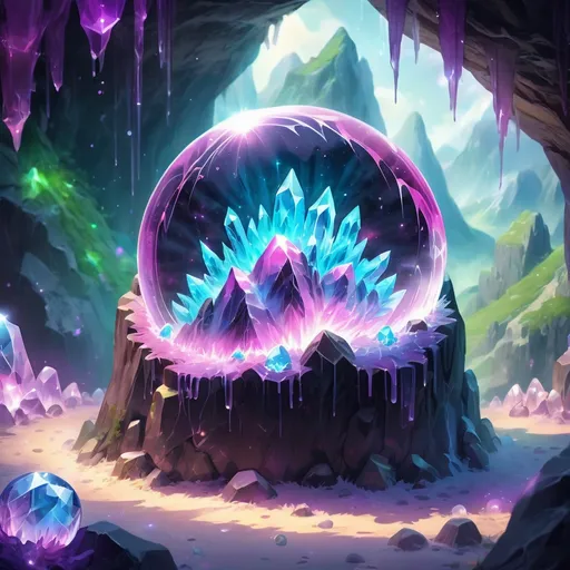 Prompt: Fluffy cute crystal ball glowing with magical energys and oozing with fluffs, background crystal cave,