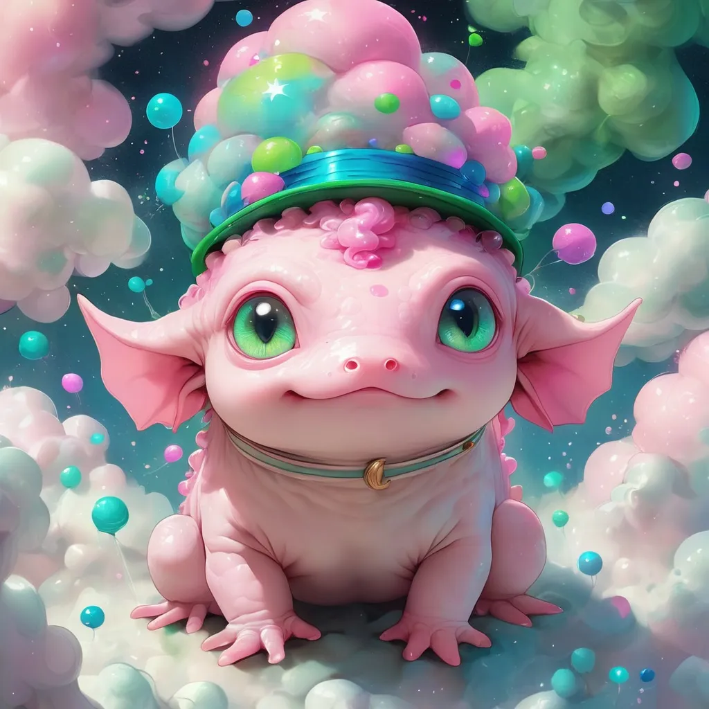 Prompt: Axolotl wrapped in a pastel pink with green and blue cloud with vivid blue eyes and wearing a conductors hat with swirls of pastel color stars and clouds around them