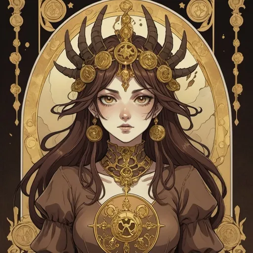 Prompt: tarot card Anime illustration, Abomination with brown dull-gold palette