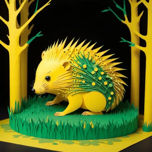 Prompt: Bright yellow with green spots porcupine rolled in a ball with green-yellow quills and dripping yellow slime all over, background neon yellow forest