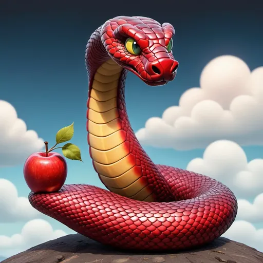 Prompt: cobra with apple-red scales that glimmer and a tail that ends in a apple with ant-like black legs background cloudy sky in cartoon network art style