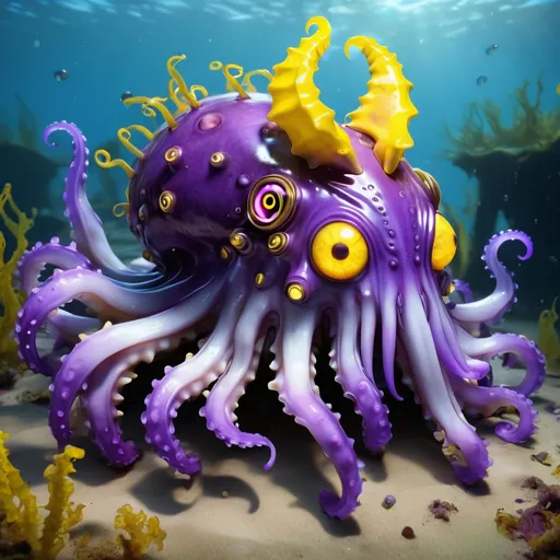 Prompt: Cuttlefish in deep rich violet tatters with gray-violet metal tendrils and tentacles yellow horns and yellow glowing eyes, Masterpiece, Best Quality