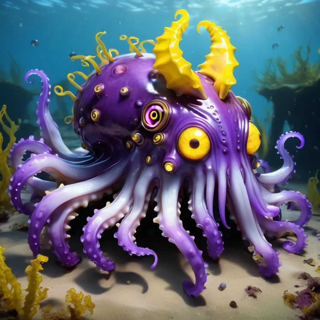 Prompt: Cuttlefish in deep rich violet tatters with gray-violet metal tendrils and tentacles yellow horns and yellow glowing eyes, Masterpiece, Best Quality