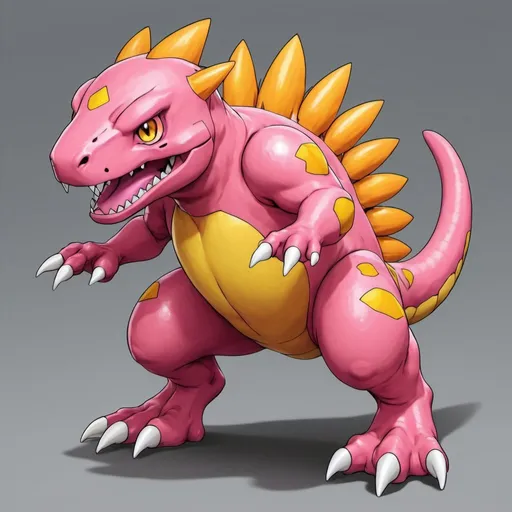 Prompt: Agumon: Burst Mode with yellow-orange deep-pink palette in Ken Sugimori art style