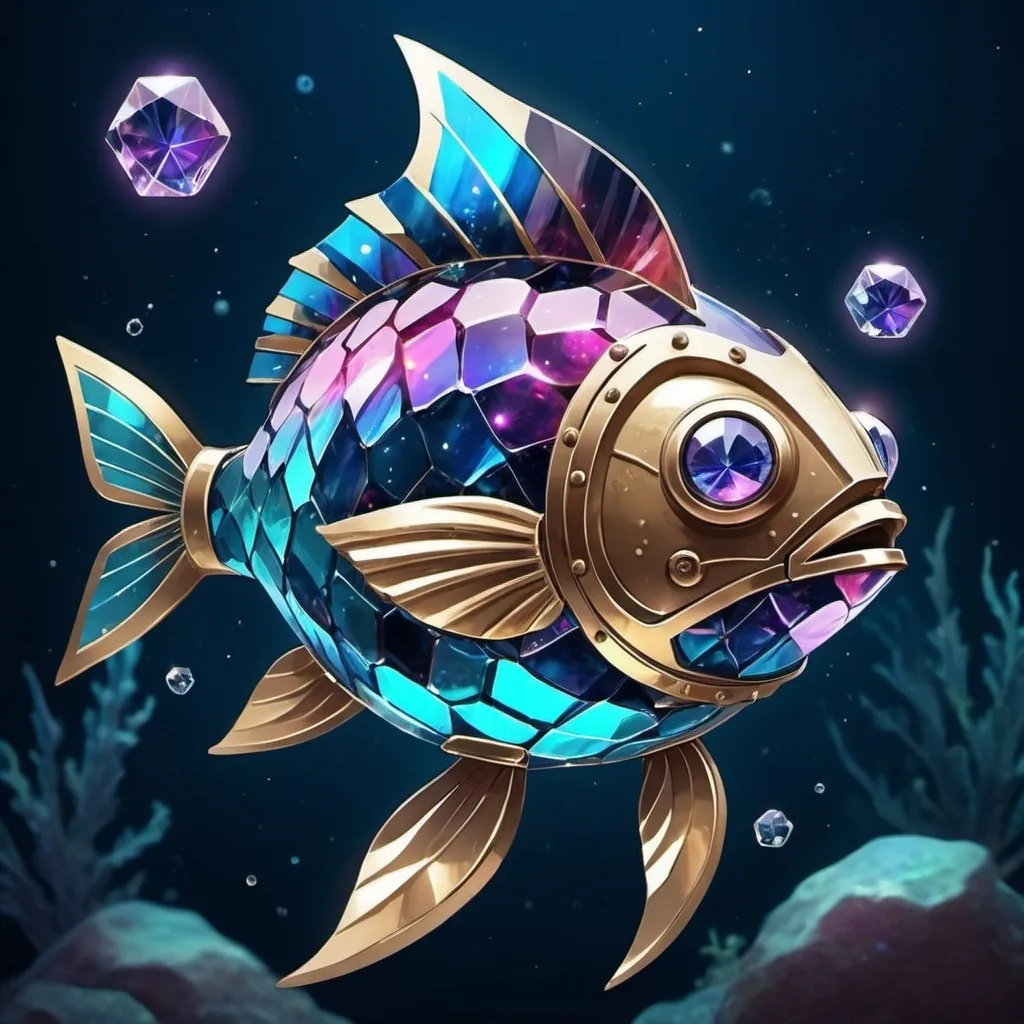 Prompt: armored galaxy crystal-like in fish art style
