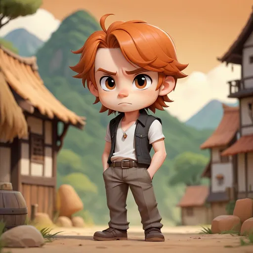 Prompt: Absolard is a male traveling merchent dressed in simple cloth pants and sleeveless shirt and has medium straight orange-brown hair, in chibi art style, background moors
