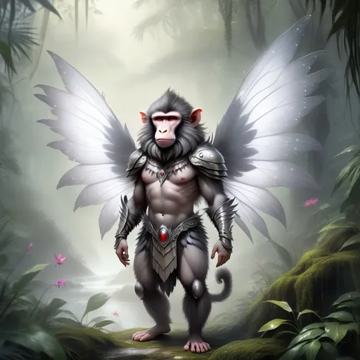 Prompt: Fairy covered in thick grey fur baboon-like in nature with fur armor and fur fairy wings in a misty jungle, masterpiece, best quality