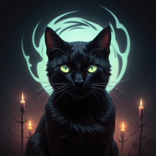 Prompt: ebony-void-black cat glowing with eerie light in bad dream art style