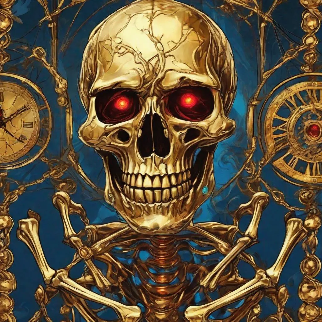 Prompt: Skeleton, golden with a slight glow, crimson glowing eyes, blue jewelry, the time winds down to your doom, best quality, masterpiece, in cartoon art style
