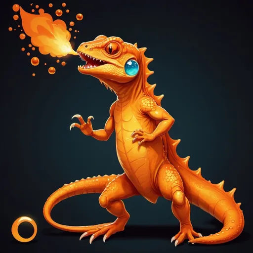 Prompt: A bipedal orange lizard with a tail that ends in flame small ember bubbles bursting from its mouth, in card art style
