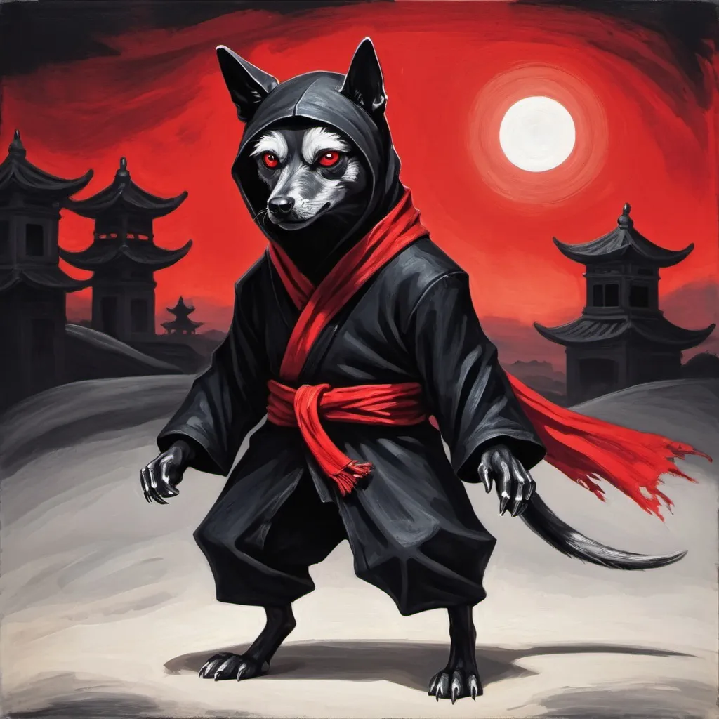 Prompt: Bipedal creature resembling a Dog with solid white eyes and dressed in a black ninja outfit with a long ragged red scarf background night in tempera painting art style
