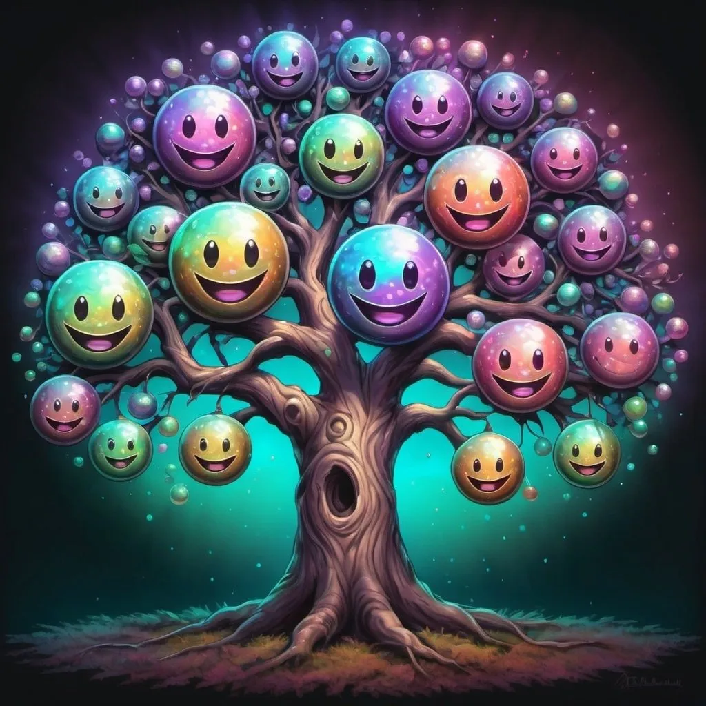 Prompt: tree full of grinning orbs in iridescent art style