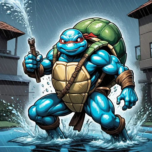 Prompt: A giant bright blue ninja turtle using cannons to rain down hydro pump upon everything, in card art style