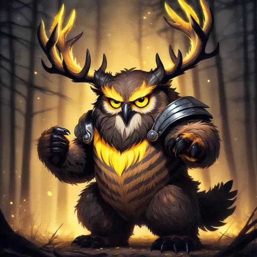 Prompt: Owlbear with dark gray feathers brown claws with dark brown stripes and huge antlers that glow yellow very fierce and dangerous, background terror night, masterpiece, best quality