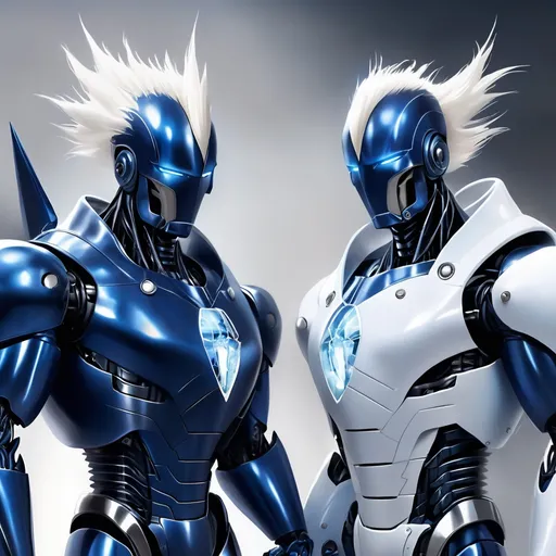 Prompt: Gemini Man who is a robot master and a twin in dark blue with ice-white robot armor and a light-blue with white spikes, the dastardly duo will confuse and destroy their foes, Masterpiece, Best Quality, Nightmare Fuel, horror
