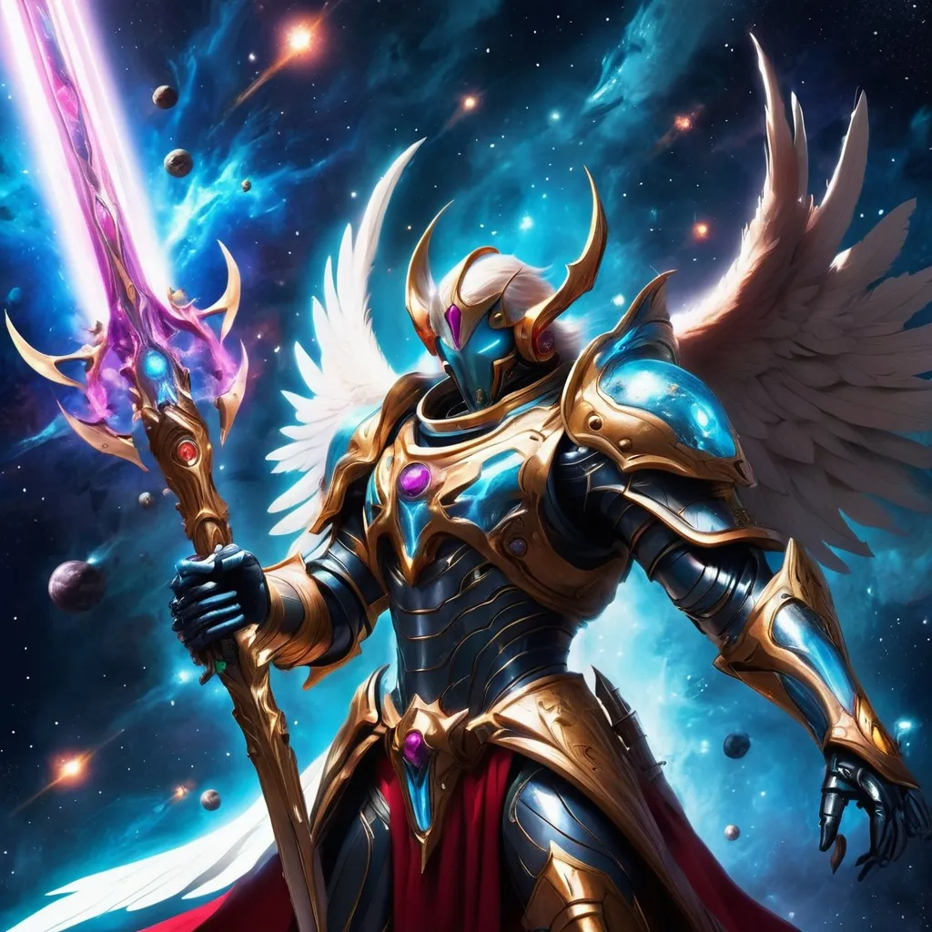 Prompt: A lost angel in the depths of space wielding a forbidden weapon with the power of the stars in it Fang Blade Havoc