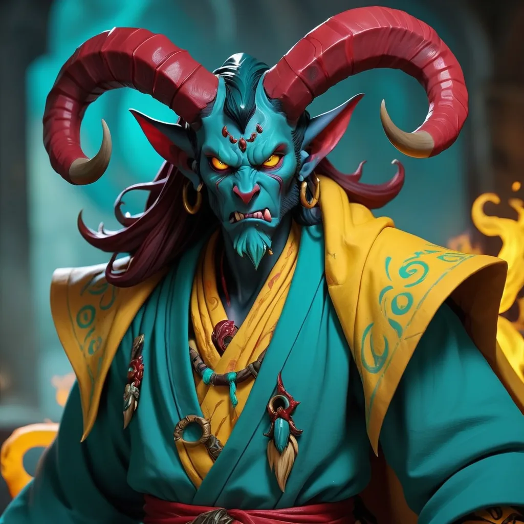 Prompt: Tiefling with red skin and beastly horns wearing a Spirit-beast Robe of teal and yellow fierce and deadly, masterpiece, best quality
