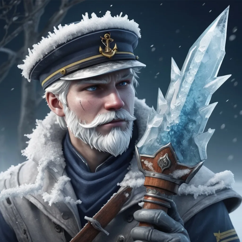 Prompt: A sailor frozen and frostbitten and then they rise frost-crusted and icy a cold grip on a weapon, in organic art style
