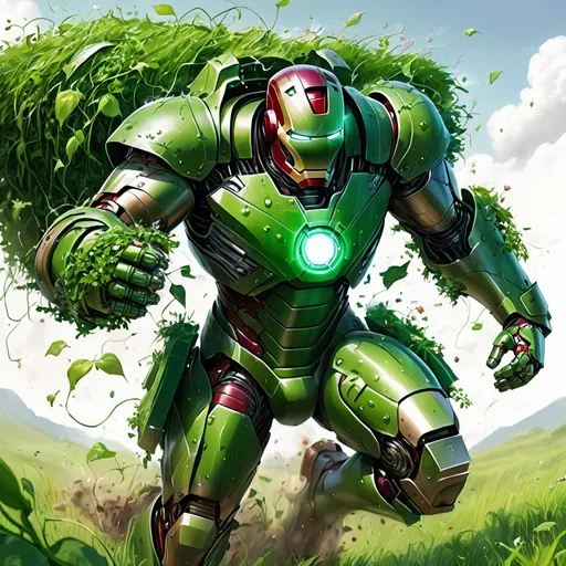 Prompt: Grass Green Iron Man suit, covered in grass and vines and blasting seeds out of a shoulder cannon