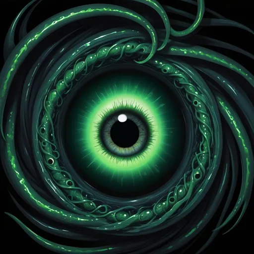 Prompt: Kraekan Black Hole, a swirl of ebony black and vivid venomous green with tentacles swirling out and floating glowing green eye staring from the abyss, in anime art style
