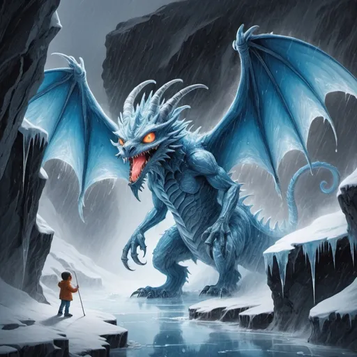 Prompt: Ice-blue Jabberwocky with glowing eyes with all the power of a blizzard standing on a ice cliff as ice and snow rain down at night