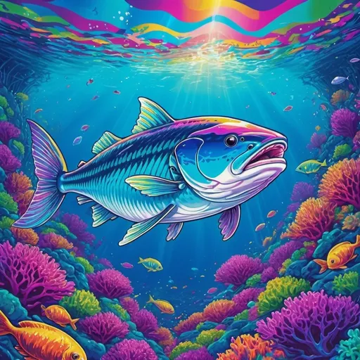 Prompt: Abecean Halibut  swimming in the western sea the water vivid blues in lisa frank art style