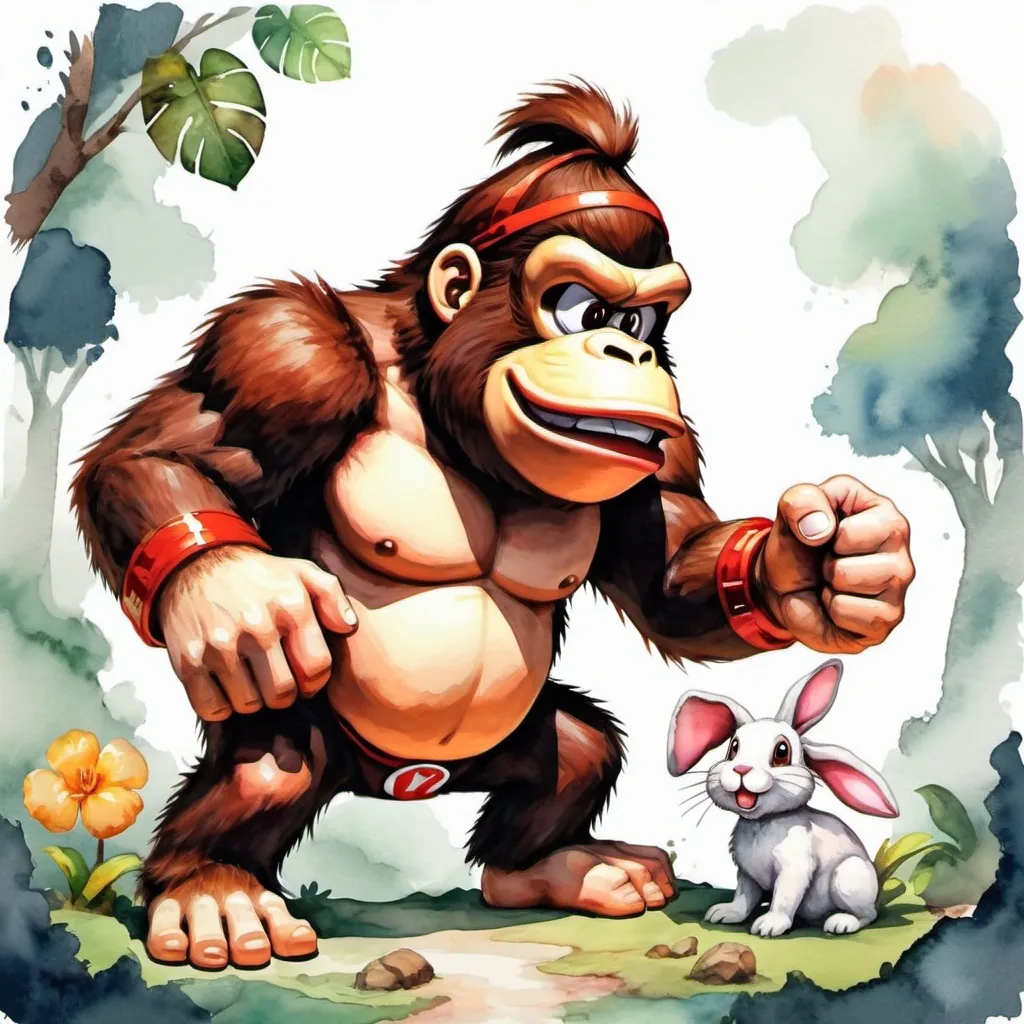 Prompt: donkey kong with a bunny, in watercolor painting art style