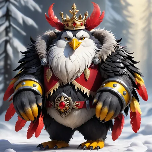 Prompt: Owlbear that is penguin-like with bright red feathers and dark grey and yellow claws and arms with a yellow crown, masterpiece, best quality
