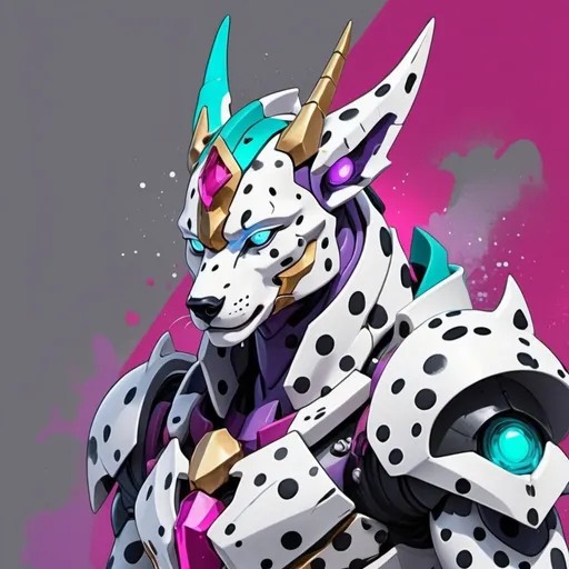 Prompt: Barbatos with ice-blue purple light-purple bright-teal dark-gray light-gray gold and fuchsia  color palette with background in dalmatian art style