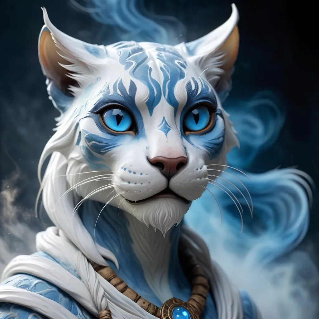 Prompt: Spirit Khajiit made of mist and light and swirling dust in white and eerie-blue colors, masterpiece, best quality