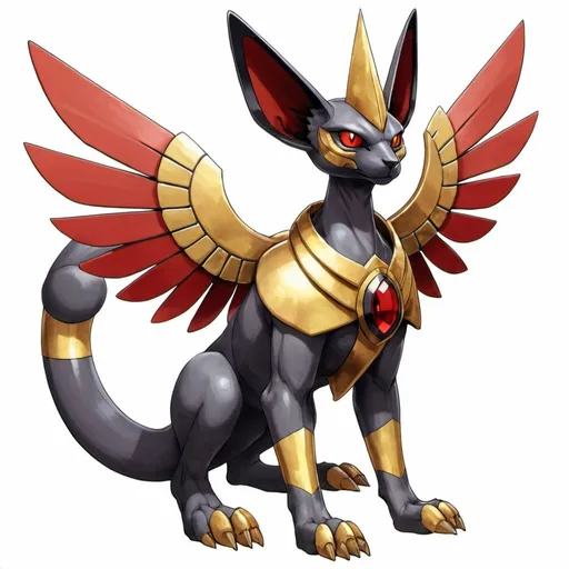 Prompt: Ancient Sphinxmon with black dark-gray gold and red palette in Ken Sugimori art style