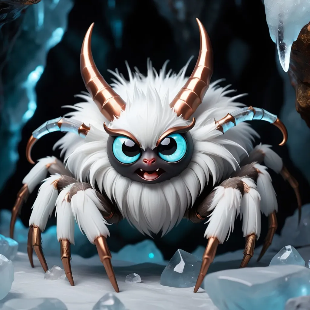 Prompt: Cute spider with fluffy white and ice-white fur with glowing white eyes and bronze horns, background ice cave with floating glowing rocks
