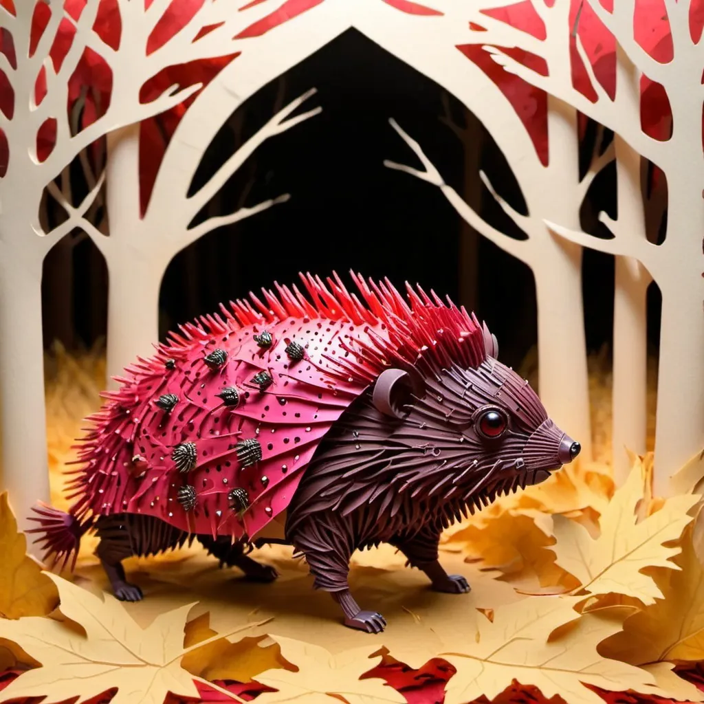 Prompt: Red porcupine covered in iridescent red beetle-like armor with pink eyes and dark red quills, background autumn forest