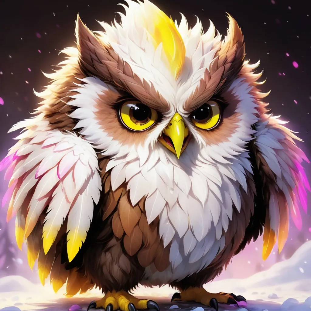 Prompt: Owlbear covered in white fluffy feathers and brown spiked feathers with yellow head and legs with pink glowing claws, background bone pit, masterpiece, best quality
