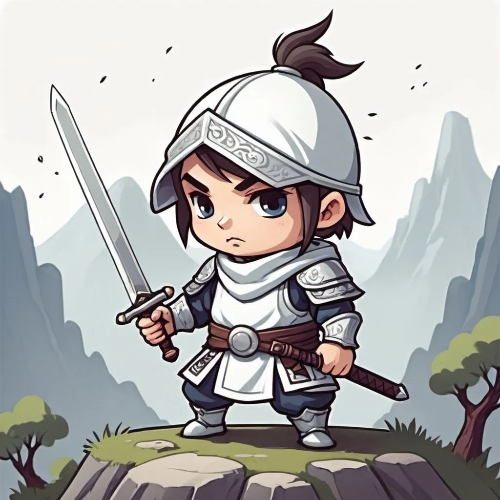 Prompt: White Ridge Swordsman in cute super art style