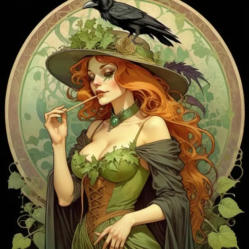Prompt: Poison Ivy dressed as a Alchemist with a straw hat and a straw lined robe with a long ragged skirt and a plague-crow-mask, background diseased lands