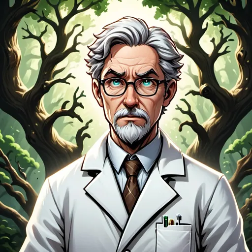 Prompt: A serious looking professor in a white lab coat and oaks are all over, in card art style
