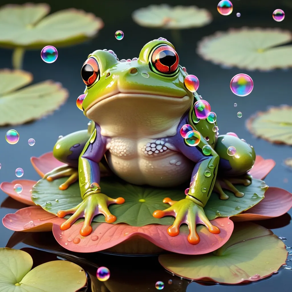 Prompt: frog covered in colorful bubbles, chilling on a Lilypad with water bubbles floating around, Masterpiece, Best Quality