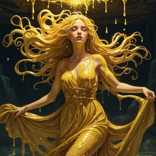 Prompt: The Slime Girl floats in the air her golden skin glowing with dripping gold slime and her hair flows in all directions as her greek-style dress flows and a golden glow envelops her and all around her slimes of abandonment flock to her warm glow in mystical art style