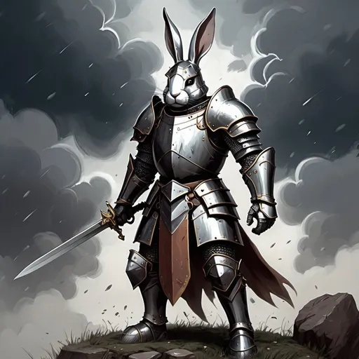 Prompt: Steelclad Knight in rabbit storm art style