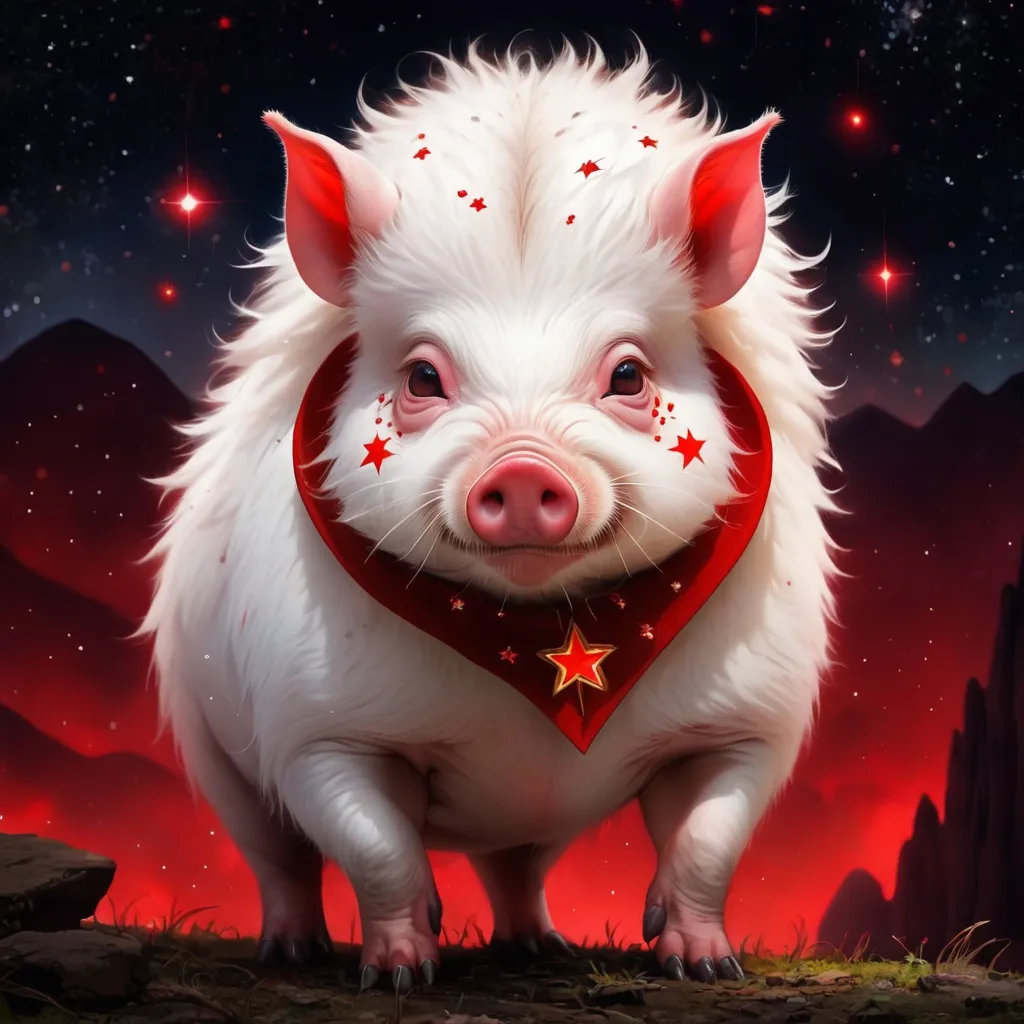 Prompt: Bush Pig with pure white fur and covered in glowing red star markings, background crimson stary night
