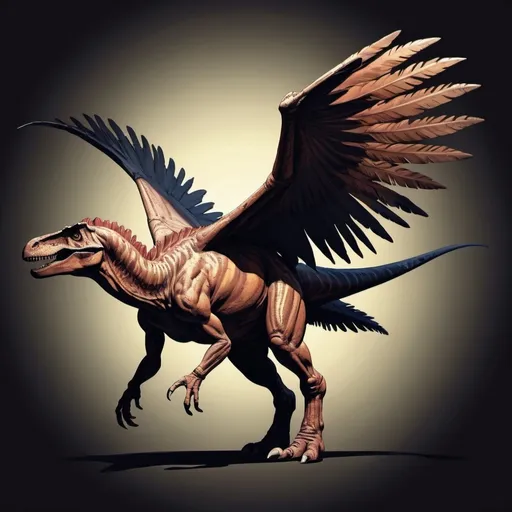 Prompt: carnivore dinosaur with feathered wings in shadow art style
